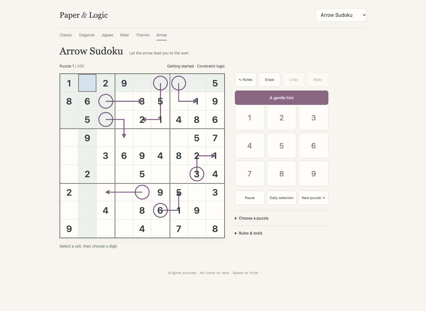 Actual arrow-sudoku board with original puzzle clues and controls