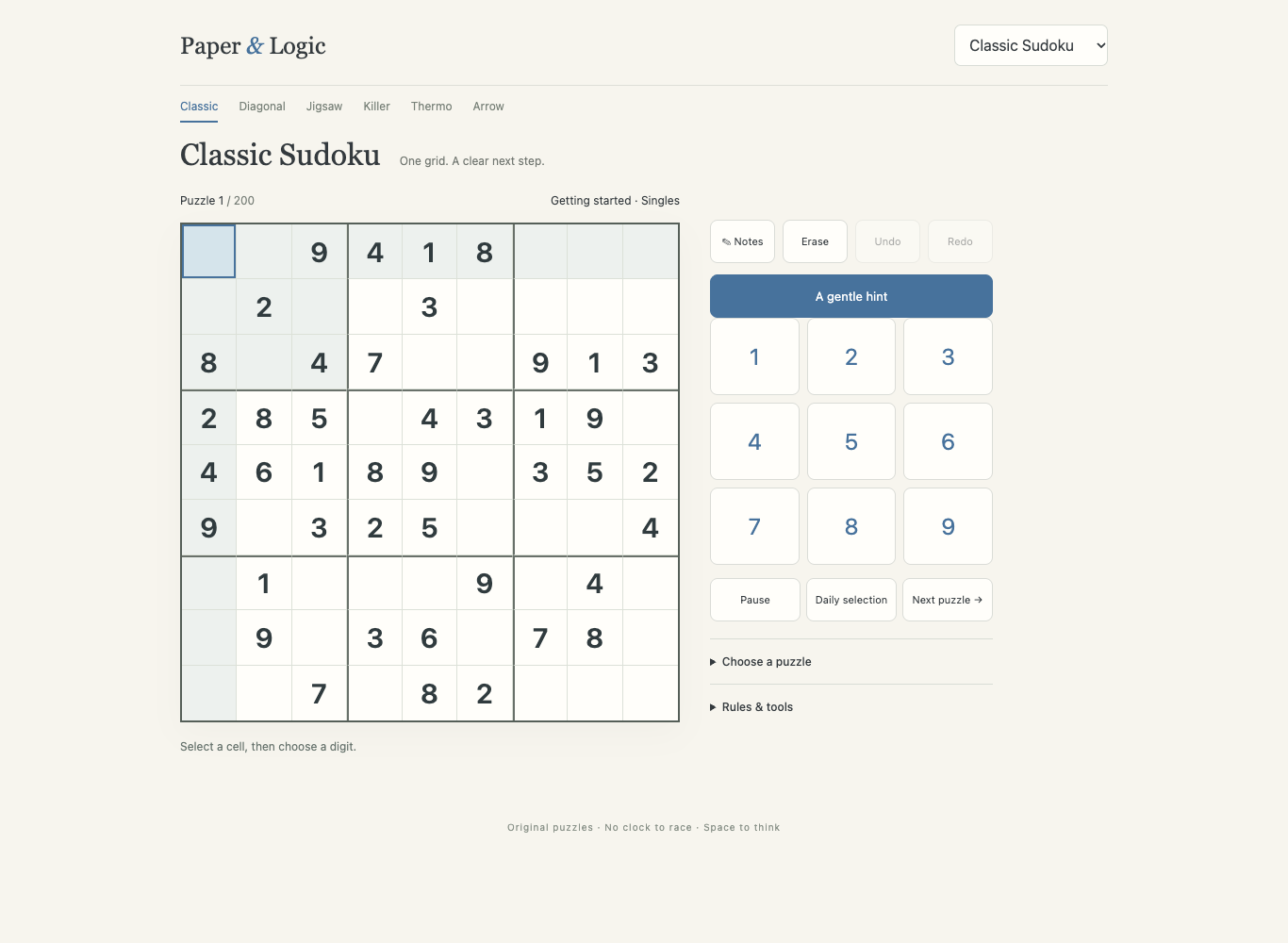 Actual classic-sudoku board with original puzzle clues and controls