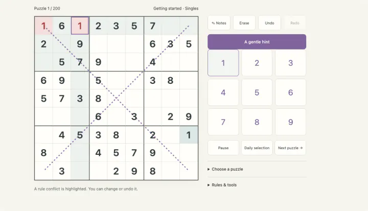 Diagonal Sudoku — actual game screen
