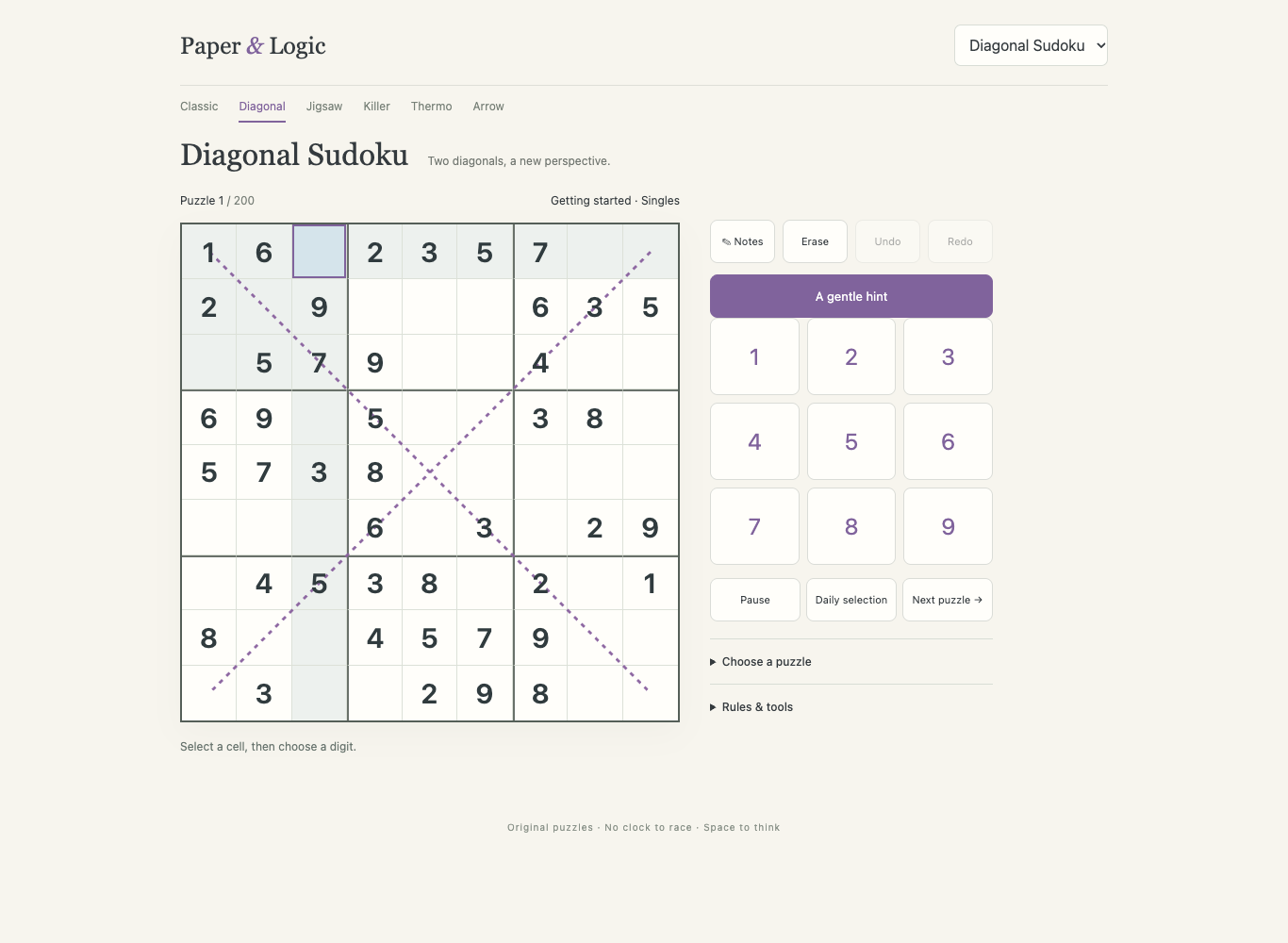 Actual diagonal-sudoku board with original puzzle clues and controls