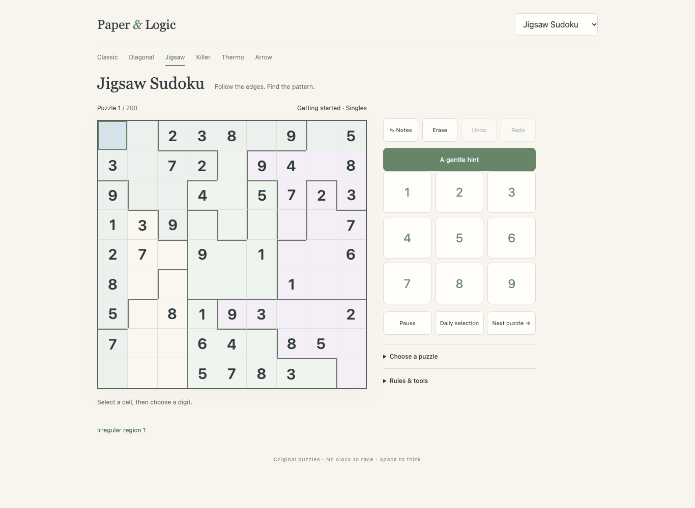 Actual jigsaw-sudoku board with original puzzle clues and controls