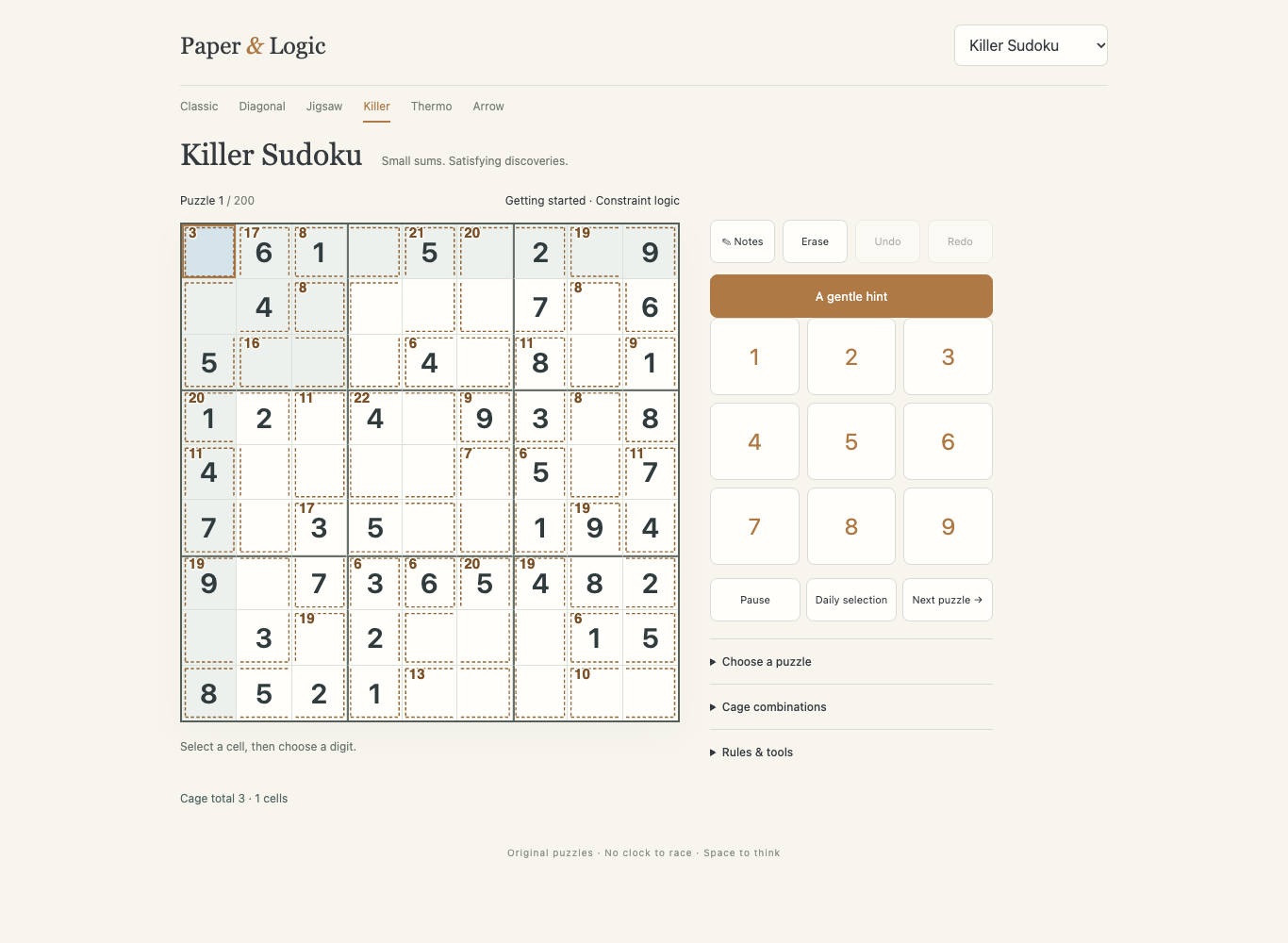 Actual killer-sudoku board with original puzzle clues and controls
