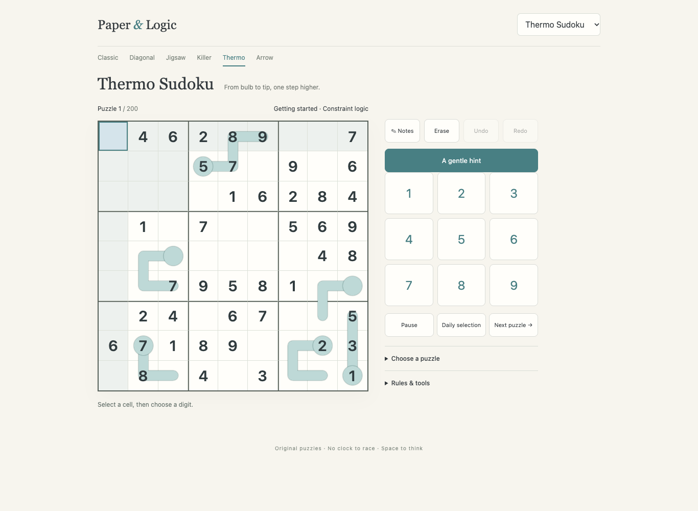 Actual thermo-sudoku board with original puzzle clues and controls